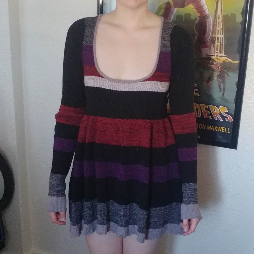 Low cut Flowy Heather Knit Hippie Tunic Blouse lg